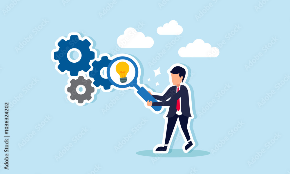 A businessman examines machine gears with a magnifying glass labeled with a light bulb, illustration of monitoring and evaluating if innovations and ideas are still relevant A businessman examines machine gears with a magnifying glass labeled with a light bulb, illustration of monitoring and evaluating if innovations and ideas are still relevant
