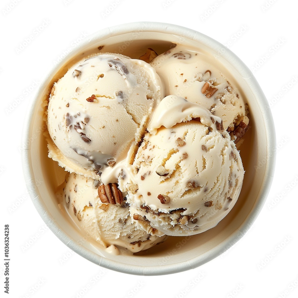 One white paper glass of decor Butter Pecan ice cream scoops top view isolated on a white background One white paper glass of decor Butter Pecan ice cream scoops top view isolated on a white background