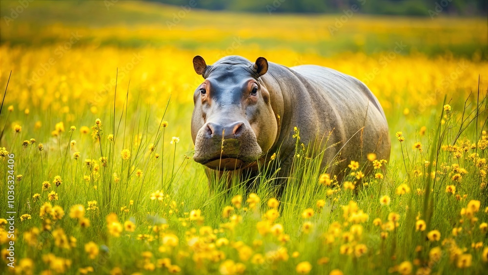 Fototapeta premium A Hippopotamus Stands In A Meadow Of Yellow Flowers, Its Presence Adding A Touch Of Unexpected Grandeur To The Tranquil Landscape