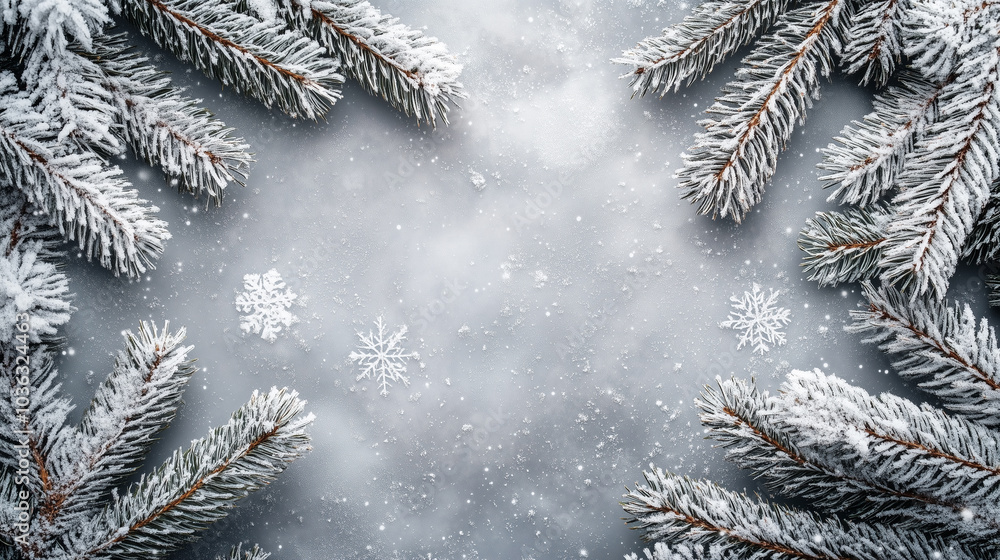 Snow covered pine branches with snowflakes on a gray background, winter holiday mockup Snow covered pine branches with snowflakes on a gray background, winter holiday mockup