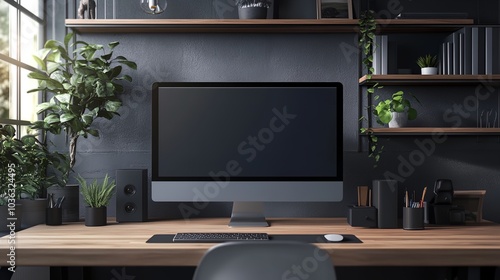 a computer monitor sitting on top of a wooden desk next to a plant