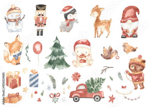 Watercolor Christmas, nutcracker, snowman, penguin, deer, gnome, bunny, fox illustration for kids