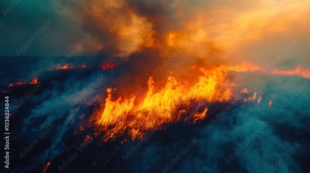 Fototapeta premium A dramatic scene of a wildfire engulfing a landscape at sunset, with smoke and flames visible.