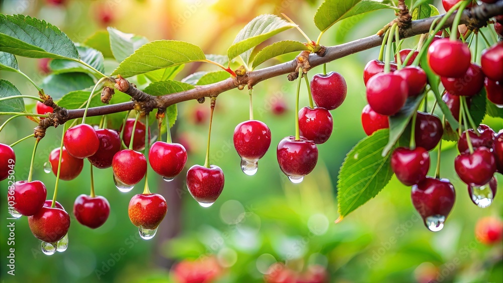 A Branch Laden with Dew-Kissed Cherries, Their Vibrant Red Hues Reflecting the Warmth of the Setting Sun A Branch Laden with Dew-Kissed Cherries, Their Vibrant Red Hues Reflecting the Warmth of the Setting Sun