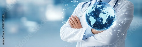 Doctor with a global healthcare system interface, using digital medical network icons to display global health advancements photo