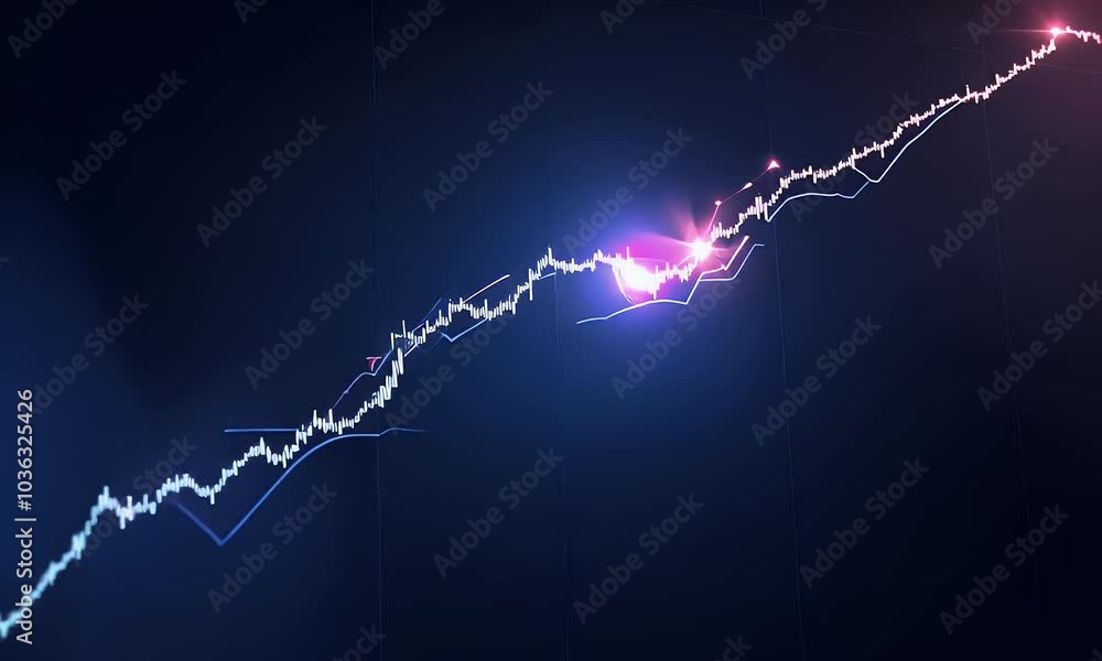Illustration of a stock market graph, a line chart with an upward trend on a dark blue background. Concept for financial data and business growth
Illustration of a stock market graph, a line chart with an upward trend on a dark blue background. Concept for financial data and business growth