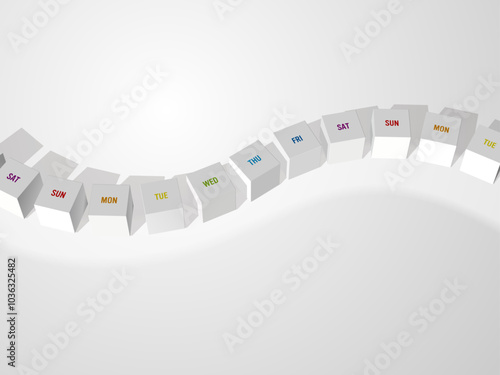 ウェーブ状に並ぶ立体的な立方体　モノトーン　一週間　インフォグラフィック