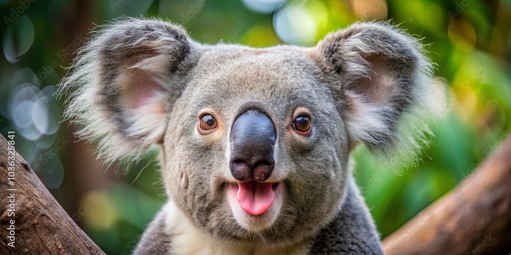 Fototapeta premium A playful koala with a curious expression, its large ears framing a wide, toothy grin, sits amidst a blurred backdrop of lush greenery.