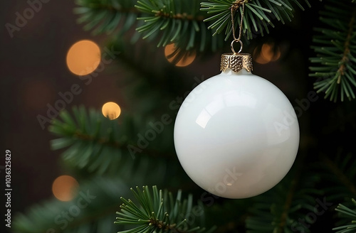 White christmas ball mock up. Plain white circle ceramic christmas ornament with a gold string, on christmas tree background
