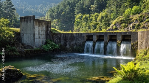 A serene landscape featuring a dam with flowing water surrounded by lush greenery.