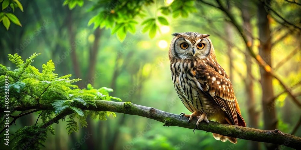 A solitary owl perches on a moss-covered branch, its piercing gaze fixed on the viewer, surrounded by the verdant tapestry of a sun-dappled forest. A solitary owl perches on a moss-covered branch, its piercing gaze fixed on the viewer, surrounded by the verdant tapestry of a sun-dappled forest.