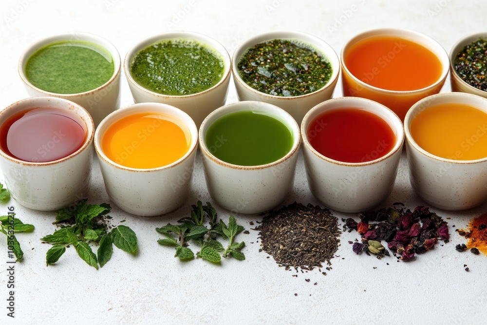 A variety of colorful sauces and herbs arranged in small bowls. A variety of colorful sauces and herbs arranged in small bowls.