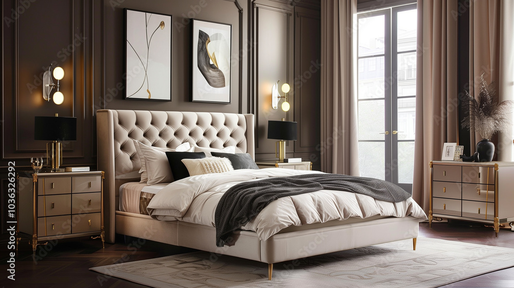 Luxurious bedroom interior design featuring a velvet tufted bed, gold-accented nightstands, and warm lighting, creating an elegant, cozy space with a modern touch. Luxurious bedroom interior design featuring a velvet tufted bed, gold-accented nightstands, and warm lighting, creating an elegant, cozy space with a modern touch.