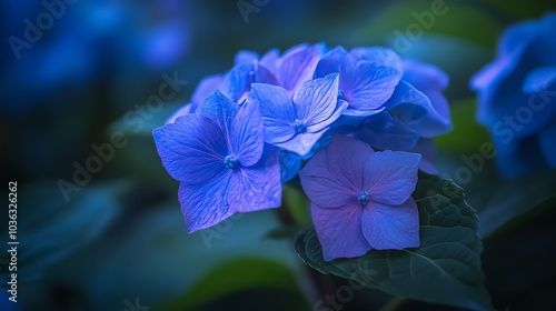 A stunning close-up of blue and purple hydrangea flowers in a serene natural setting, capturing their unique beauty and vibrancy. photo