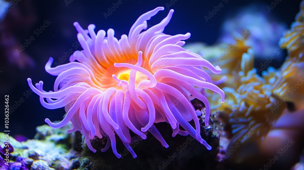 A vibrant pink sea anemone with flowing tentacles, showcasing stunning colors and textures in an underwater scene. A vibrant pink sea anemone with flowing tentacles, showcasing stunning colors and textures in an underwater scene.