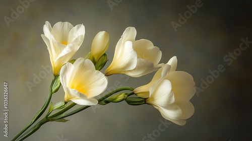 Delicate white freesia flowers displayed against a softly blurred background, showcasing their natural elegance and beauty.