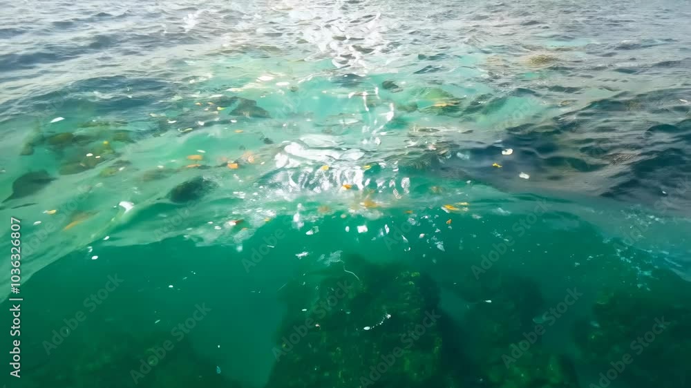 Serious environmental threat from plastic waste in the ocean. The ocean's surface dotted with plastic waste, a distressing sight. Serious environmental threat from plastic waste in the ocean. The ocean's surface dotted with plastic waste, a distressing sight.