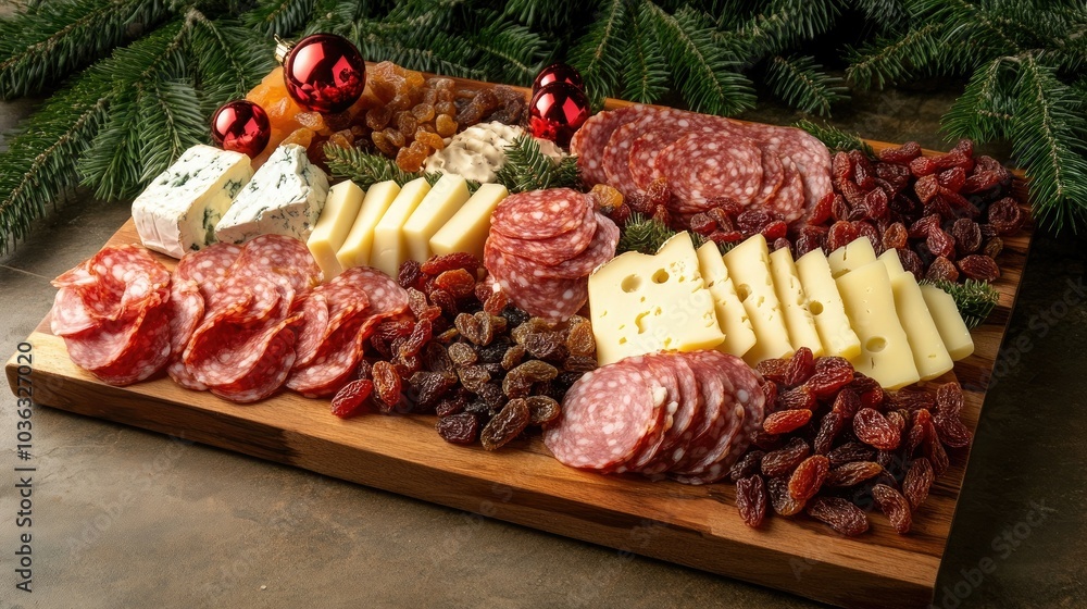 A holiday party charcuterie board with a mix of meats, cheeses, and dried fruits, with pine and ornament accents. A holiday party charcuterie board with a mix of meats, cheeses, and dried fruits, with pine and ornament accents.