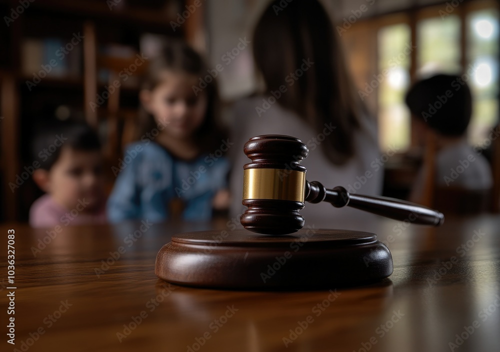 Close up of a legal judges hammer with a blurred child in the background. Child custody concept Close up of a legal judges hammer with a blurred child in the background. Child custody concept