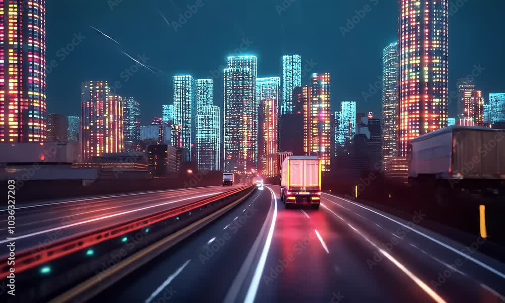 A dynamic scene of cargo trucks and railway cars in motion, with digital connections between them representing a global logistics network or drone delivery. 