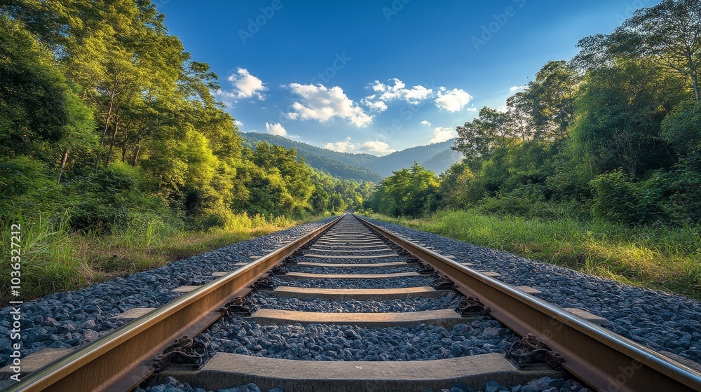 Fototapeta premium The railway tracks are surrounded by vibrant green trees on both sides, and in the bright sunlight, several white clouds are scattered in the blue sky, creating a fresh and peaceful natural atmosphere