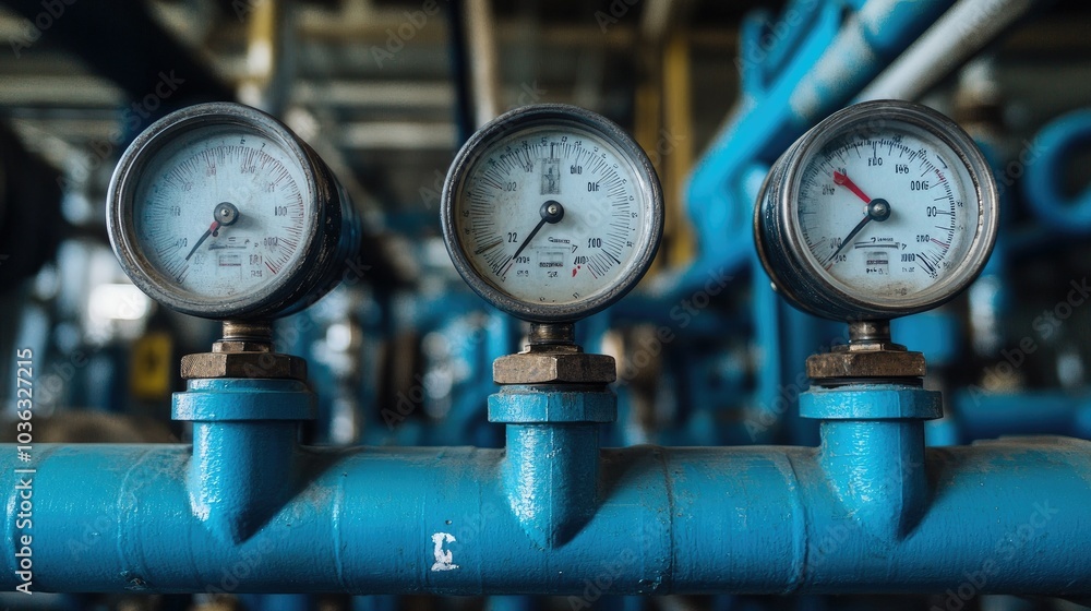 A macro shot of three gauges on blue piping, highlighting their clarity and precision, perfect for showcasing the importance of monitoring systems A macro shot of three gauges on blue piping, highlighting their clarity and precision, perfect for showcasing the importance of monitoring systems