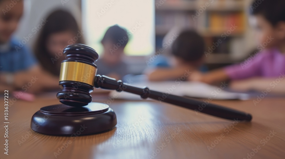 Close up of a legal judges hammer with a blurred child in the background. Child custody concept Close up of a legal judges hammer with a blurred child in the background. Child custody concept
