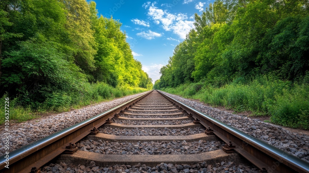 The railway tracks are surrounded by vibrant green trees on both sides, and in the bright sunlight, several white clouds are scattered in the blue sky, creating a fresh and peaceful natural atmosphere The railway tracks are surrounded by vibrant green trees on both sides, and in the bright sunlight, several white clouds are scattered in the blue sky, creating a fresh and peaceful natural atmosphere