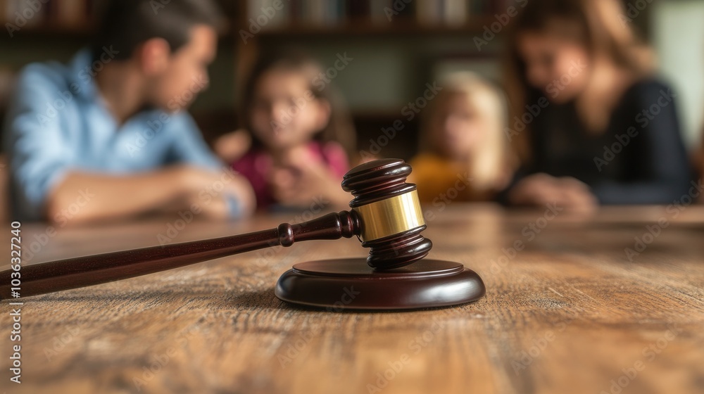 Close up of a legal judges hammer with a blurred child in the background. Child custody concept Close up of a legal judges hammer with a blurred child in the background. Child custody concept