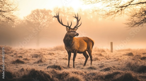 A majestic red deer standing in a foggy forest, antlers silhouetted.