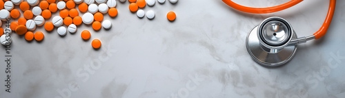 Stethoscope and pills on a dark background. AI generation