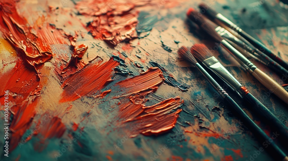 Obraz premium A painter palette splashed with red and orange paints, next to brushes and canvas.