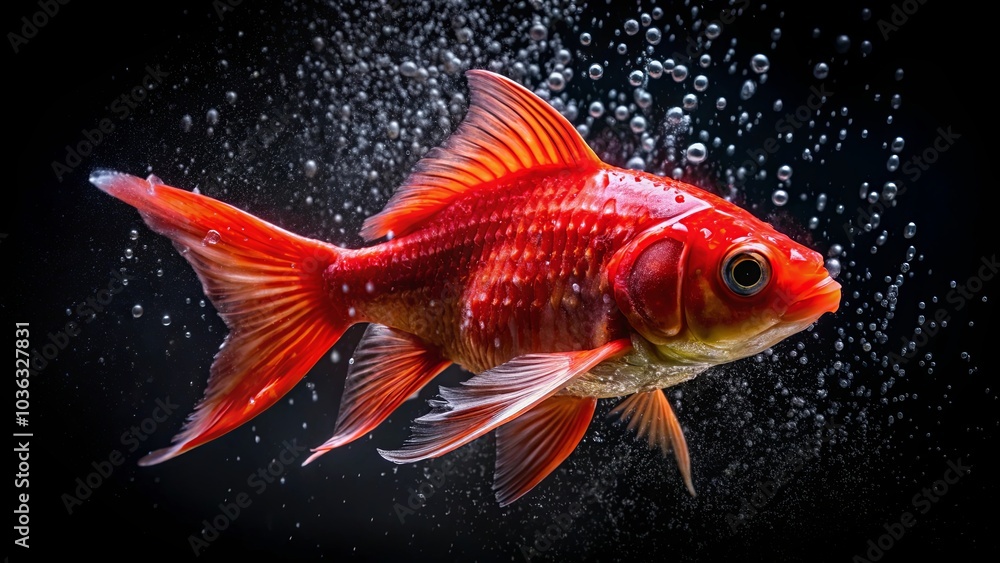 A solitary red fish with vibrant fins, poised amidst a flurry of air bubbles, against a stark black backdrop. A solitary red fish with vibrant fins, poised amidst a flurry of air bubbles, against a stark black backdrop.