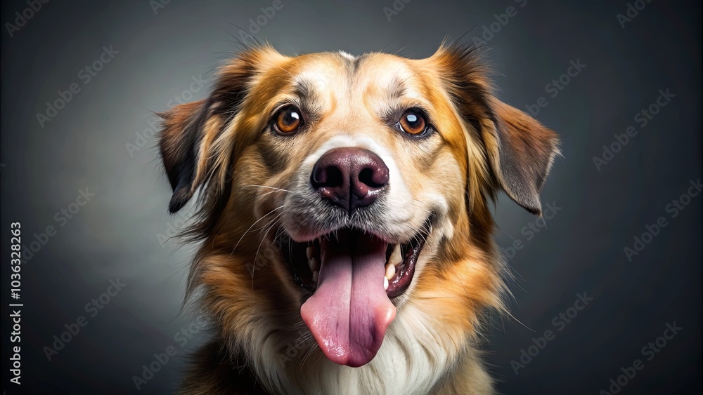 A Canine Portrait A Golden-Brown Dog With A White Patch On Its Chest Leans In, Tongue Out, In A Moment Of Joyful Anticipation. A Canine Portrait A Golden-Brown Dog With A White Patch On Its Chest Leans In, Tongue Out, In A Moment Of Joyful Anticipation.
