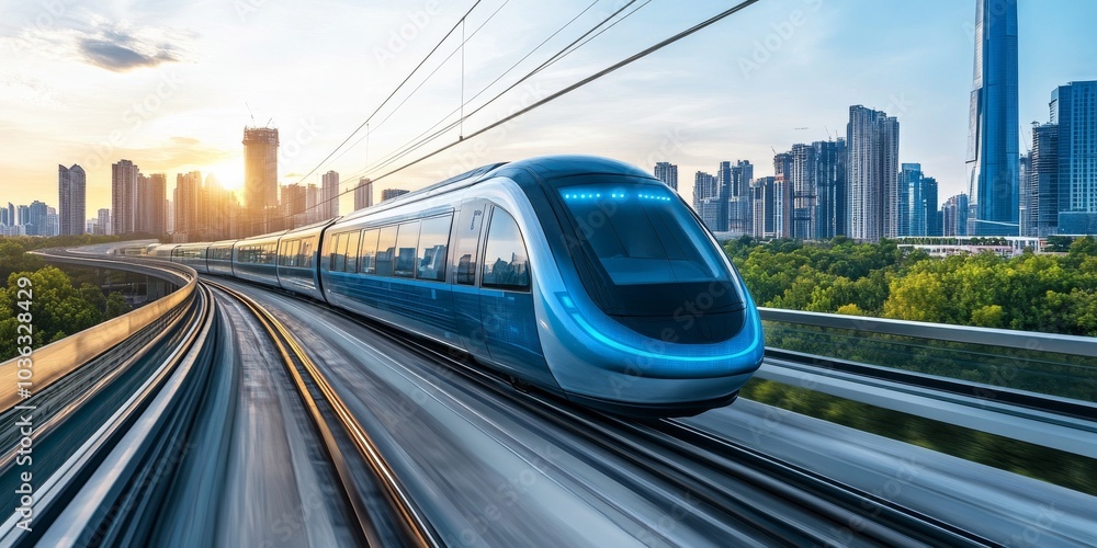 Fototapeta premium A sleek, futuristic driverless electric train gliding smoothly along elevated tracks, with a modern cityscape in the background, showcasing advanced technology and innovation in urban transportation.