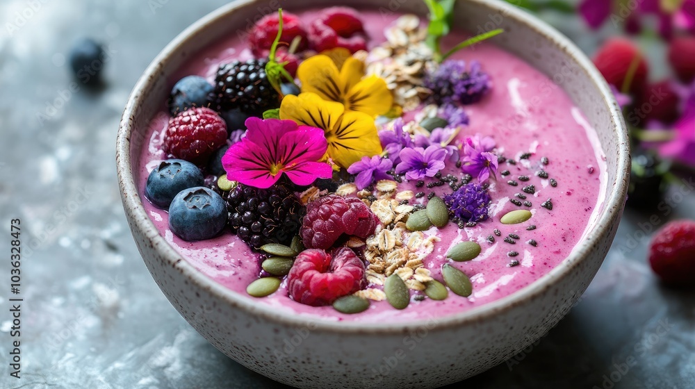A pink smoothie bowl topped with fresh berries, seeds, and edible flowers. A pink smoothie bowl topped with fresh berries, seeds, and edible flowers.