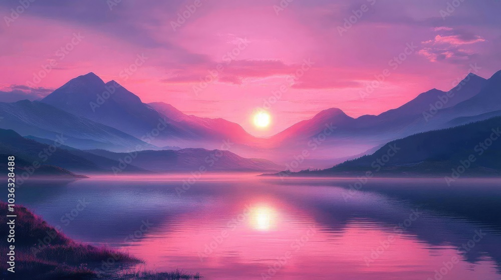 Fototapeta premium A pink sunset casting a glow over a tranquil lake with mountains in the background.