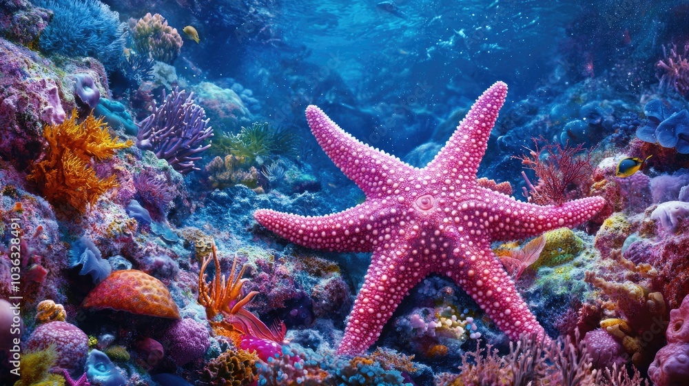 A pink starfish resting on a soft coral reef, surrounded by colorful marine life. A pink starfish resting on a soft coral reef, surrounded by colorful marine life.