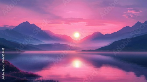 A pink sunset casting a glow over a tranquil lake with mountains in the background.