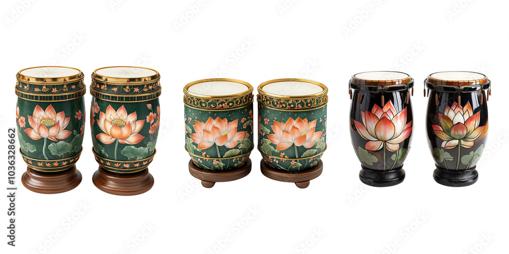 set of large bongos with painted lotus flowers on the sides, no background set of large bongos with painted lotus flowers on the sides, no background