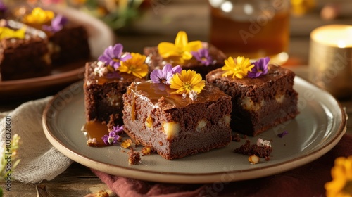 A plate of warm brownies garnished with caramel and edible autumn flowers, set in a cozy autumnal setting