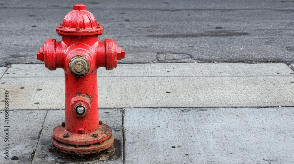 A red fire hydrant on a city sidewalk, standing out against grey pavement. A red fire hydrant on a city sidewalk, standing out against grey pavement.