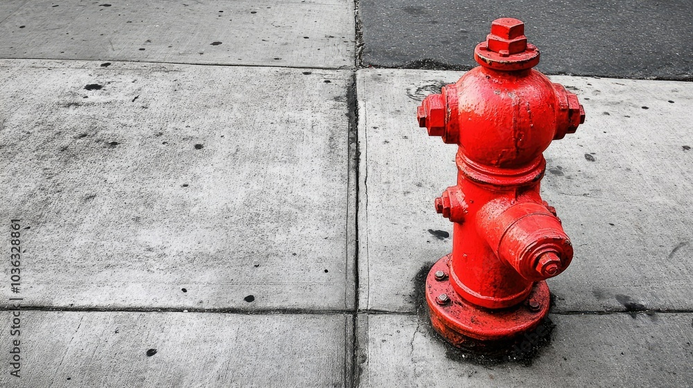 A red fire hydrant on a city sidewalk, standing out against grey pavement. A red fire hydrant on a city sidewalk, standing out against grey pavement.