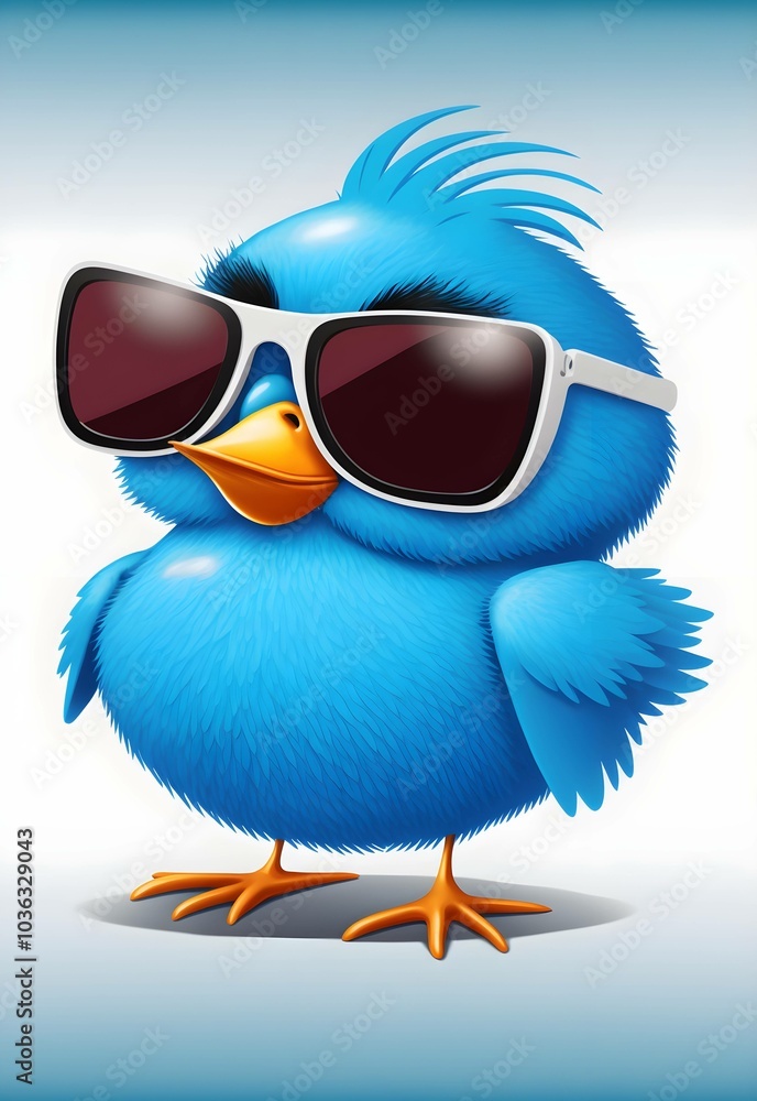 Naklejka premium Blauer Vogel mit Sonnenbrille in Cartoon-Stil - KI generiert