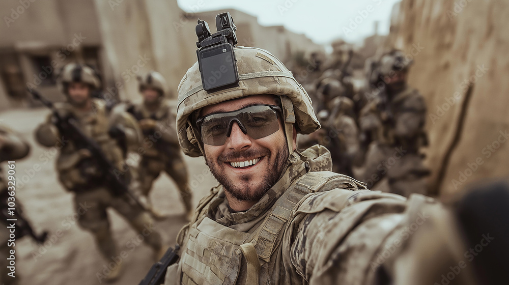 Brave Soldier Smiling for a Selfie in the War Zone Brave Soldier Smiling for a Selfie in the War Zone