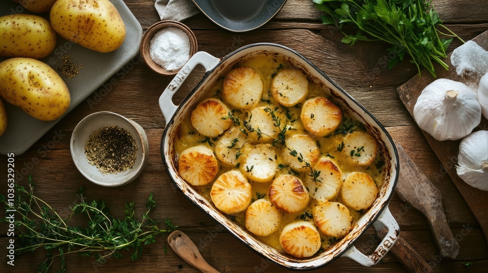 A rustic kitchen scene with a baking dish of potato scallops, fresh herbs, and ingredients laid out on a wooden table A rustic kitchen scene with a baking dish of potato scallops, fresh herbs, and ingredients laid out on a wooden table