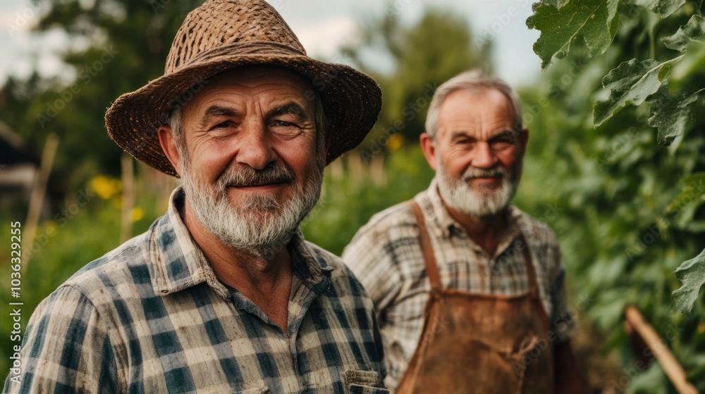 Portrait of experienced rural farm workers with rustic tools Portrait of experienced rural farm workers with rustic tools