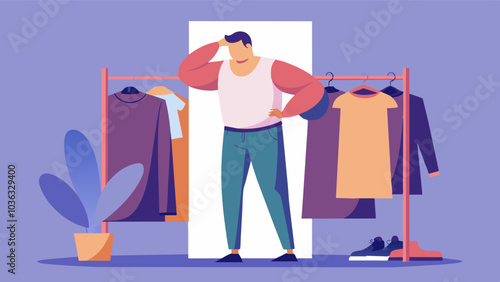 While shopping for clothes a man cant find anything that fits him resorting to trying on oversized clothing in an attempt to hide his body leading to a decrease in selfesteem.. Vector illustration