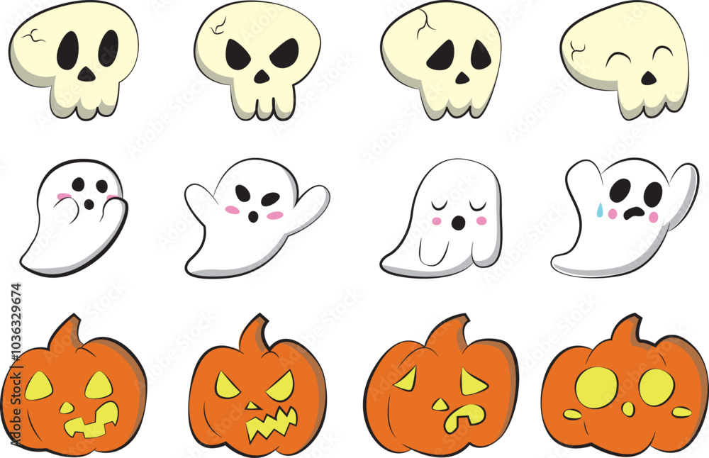 Obraz premium A collection of cute Halloween pumpkins, ghosts and skulls with different expressions.