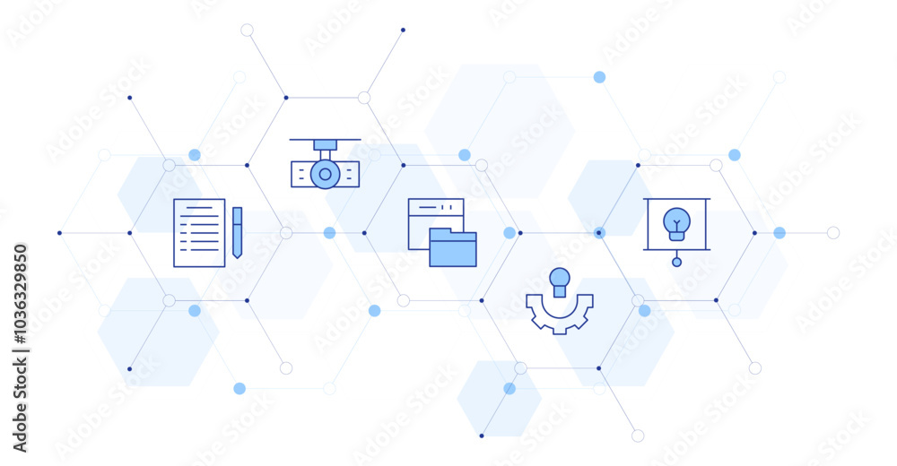 Project Banner Vector Illustration with Icon Style in Between. Line Duotone icon. Containing idea, documentation, projector, briefing Project Banner Vector Illustration with Icon Style in Between. Line Duotone icon. Containing idea, documentation, projector, briefing
